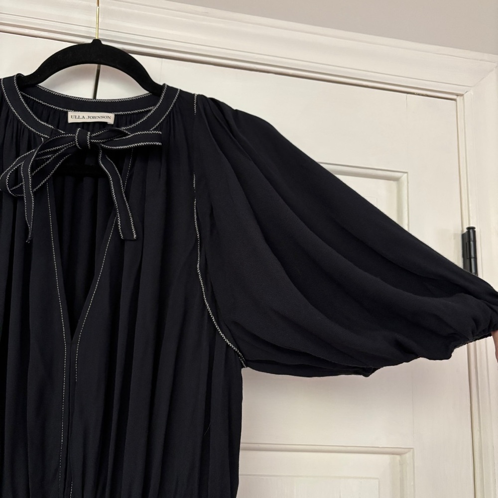 Ulla Johnson Leah Dress Noir Black Midi Puff Sleeve Contrast Trim Size 10 Tie‎ - Picture 12 of 16